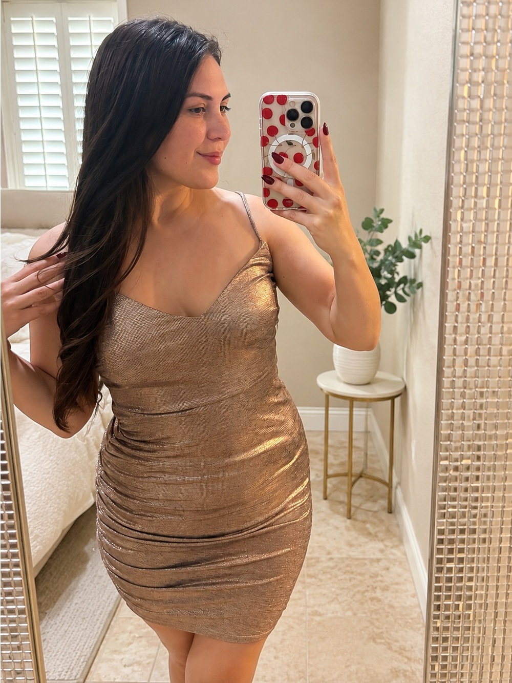 Guess Metallic Bronze Spaghetti-Strap Bodycon Dress